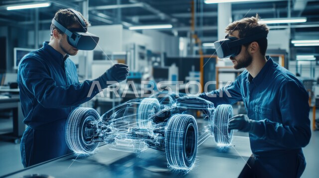 هندسة السيارات في المعامل الحديثة, الجودة في تصنيع وإنتاج السيارات وتحقيق الثورة الصناعية, مهندسون عرب خليجيون سعوديون يرتدون نظارة الواقع الافتراضي يشرفون على أعمال الصيانة, الاعتماد على التشغيل الآلي في المصانع, رؤية سعودية مستقبلية 2030