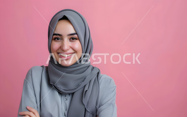 Looking at the camera with gestures of self-confidence, concern for outward appearance, concept of femininity and softness, close-up portrait of a smiling veiled Saudi Arabian Gulf woman wearing a gray abaya, modern contemporary women's hijabs, pink background