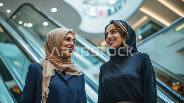 Having a good time with friends, gestures of pleasure and happiness, the positive effect of shopping on women, a close-up of two veiled Saudi Arabian Gulf girls walking in the mall
