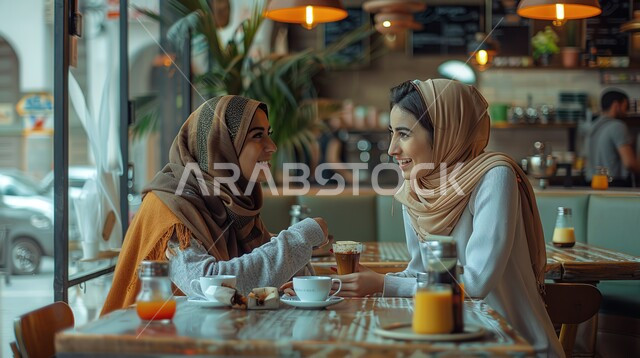 قضاء وقت ممتع بالخارج مع الاصدقاء، مفهوم النعومة والانوثة، شابتين عربيتين خليجيتين سعوديتين تجلسان في كافيه في المملكة العربية السعودية، حجابات نسائية عصرية حديثة، الاهتمام بالمظهر الخارجي