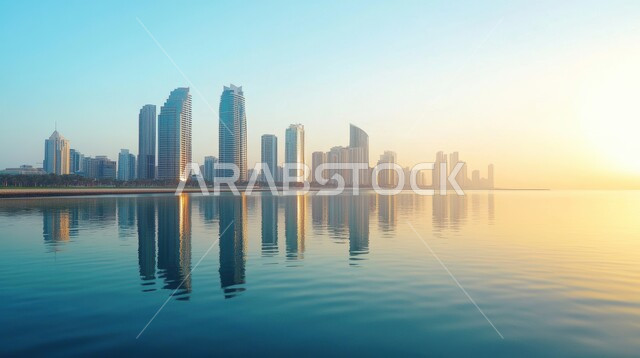 منظر تخيلي للتطور والنمو العمراني في المملكة العربية السعودية, الأبراج وناطحات السحاب الشاهقة, المباني والفنادق الحديثة المطلة على المنطقة الساحلية, الواجهة البحرية السياحية، رؤية مستقبلية سعودية 2030  