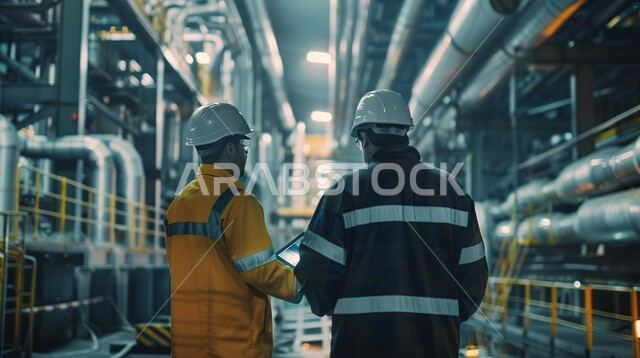 متابعة ومراقبة عمليات الانتاج وسير عمل الآلات، وظائف ومهن هندسية شبابية، العمل في مصانع ومعامل المملكة العربية السعودية، صورة مقربة من الخلف لمهندسيين صناعيين عربيين خليجيين سعوديين يرتديان السترة وخوذة الحماية داخل المصنع،  استخدام جهاز التابلت