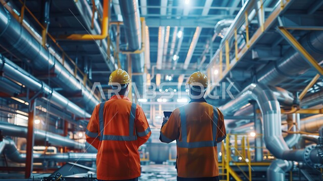 متابعة ومراقبة عمليات الانتاج وسير عمل الآلات باستخدام جهاز التابلت ، وظائف ومهن هندسية شبابية، العمل في مصانع ومعامل المملكة العربية السعودية، صورة مقربة من الخلف لمهندسيين صناعيين  يرتديان السترة وخوذة الحماية داخل المصنع