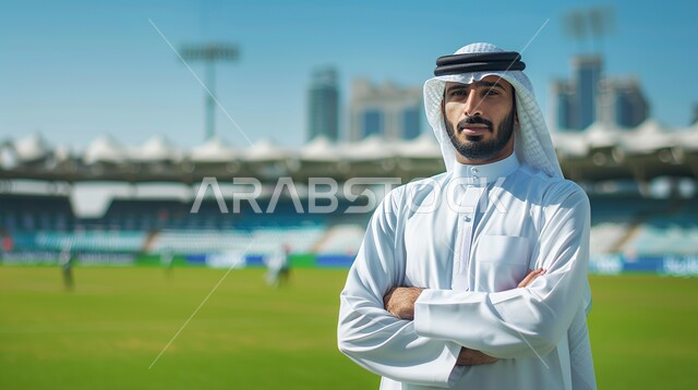 مفهوم الرجولة والهيبة، الاهتمام بالأناقة والمظهر الخارجي، صورة مقربة لرجل عربي خليجي سعودي يرتدي الشماغ والثوب التقليدي ينظر إلى الكاميرا بإيماءات الثقة بالنفس ويقف بايدي متقاطعة