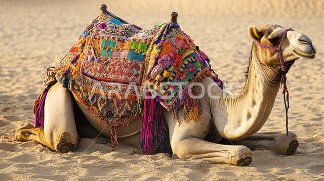 Camel and camel breeding in nature reserves in the Kingdom of Saudi Arabia, purebred Arabian camel in the middle of the desert during the day, hills and sand dunes, soft golden sand, care and attention to livestock and mammals in the desert