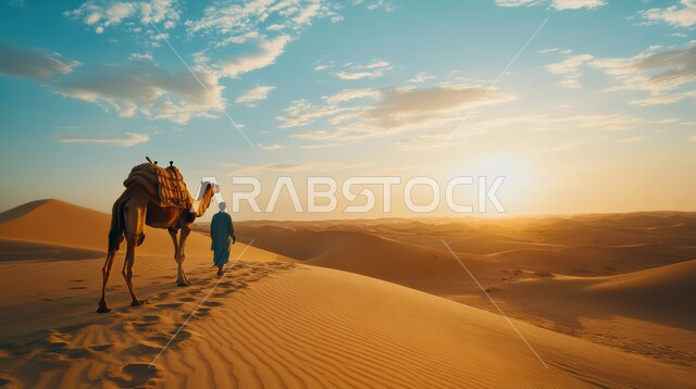 تربية الجمال والابل في المحميات الطبيعية في المملكة العربية السعودية ، جمل عربي أصيل  وسط الصحراء في النهار، التلال و الكثبان الرملية، الرمال الذهبية الناعمة، الاهتمام ورعاية المواشي والثدييات في الصحاري