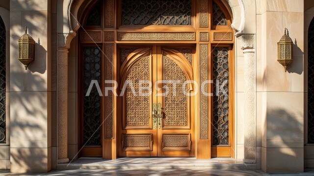 Wooden door in the ancient Arabic style, Islamic decorations and interior decorations, Islamic architectural art, decorated mosque door designs, the concept of worship and closeness to God, advanced and authentic architectural art, merging authenticity and modernity