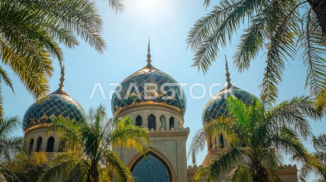 مسجد عريق محاط بالاشجار والنباتات الخضراء، الفن الهندسي المعماري للمساجد على الطراز الاسلامي، التصاميم المتميزة للقبب والمآذن، نداء المسلمين لأداء الفرائض والصلوات، الديكورات  الهندسية الدينية المتميزة، مفهوم العبادة والتقرب إلى الله تعالى