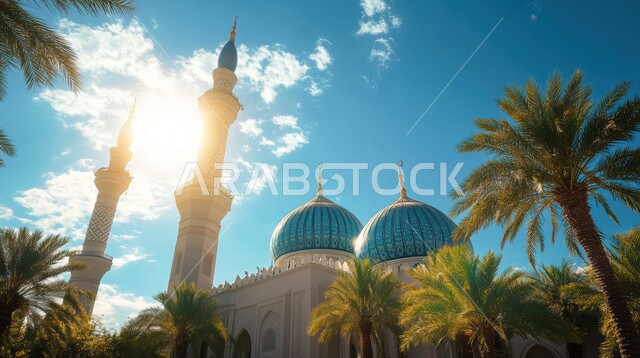 مسجد عريق محاط بالاشجار والنباتات الخضراء، الفن الهندسي المعماري للمساجد على الطراز الاسلامي، التصاميم المتميزة للقبب والمآذن، نداء المسلمين لأداء الفرائض والصلوات، الديكورات  الهندسية الدينية المتميزة، مفهوم العبادة والتقرب إلى الله تعالى