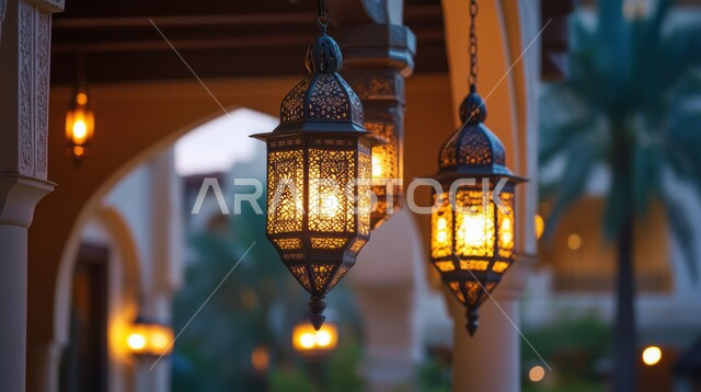 البهجة بقدوم شهر الخير, زينة وديكورات رمضان المبارك, أجواء الاحتفال بالمناسبات والأعياد الدينية الاسلامية، صورة مقربة لمجموعة من الفوانيس المعدنية التقليدية المضيئة, تحف واكسسوارات متميزة