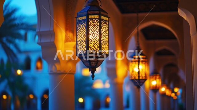 البهجة بقدوم شهر الخير, زينة وديكورات رمضان المبارك, أجواء الاحتفال بالمناسبات والأعياد الدينية الاسلامية، صورة مقربة لمجموعة من الفوانيس المعدنية التقليدية المضيئة, تحف واكسسوارات متميزة