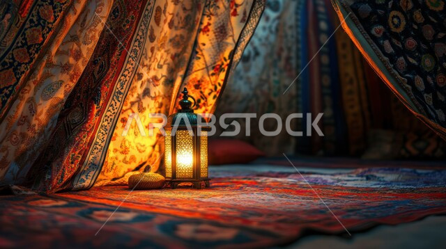 البهجة بقدوم شهر الخير, زينة وديكورات رمضان المبارك, أجواء الاحتفال بالمناسبات والأعياد الدينية الاسلامية، صورة مقربة لمجموعة من الفوانيس المعدنية التقليدية المضيئة, تحف واكسسوارات متميزة