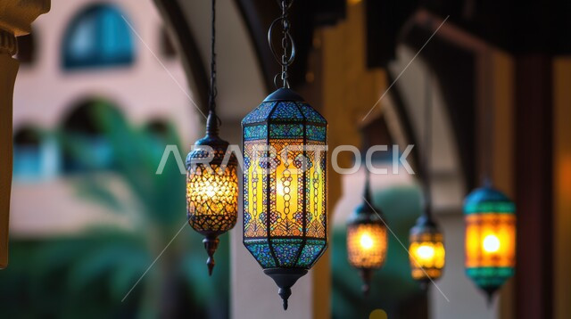 البهجة بقدوم شهر الخير, زينة وديكورات رمضان المبارك, أجواء الاحتفال بالمناسبات والأعياد الدينية الاسلامية، صورة مقربة لمجموعة من الفوانيس المعدنية التقليدية المضيئة, تحف واكسسوارات متميزة