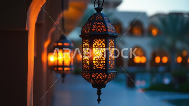 البهجة بقدوم شهر الخير, زينة وديكورات رمضان المبارك, أجواء الاحتفال بالمناسبات والأعياد الدينية الاسلامية، صورة مقربة لمجموعة من الفوانيس المعدنية التقليدية المضيئة, تحف واكسسوارات متميزة