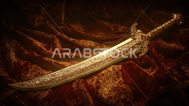 التراث والأصالة والعراقة, قطع الأنتيكا الشعبية الخليجية, التحف الأثرية الأصيلة في المملكة العربية السعودية, صناعات يدويه وحرف مميزة للأسلحة القديمة, صورة مقربة لسيف مزخرف مصنوع على الطراز الشعبي التقليدي القديم