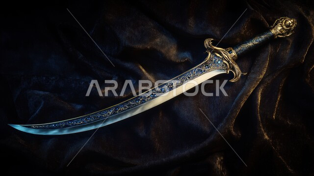 Heritage, authenticity and antiquity, popular Gulf antiques, authentic antiquities in the Kingdom of Saudi Arabia, handicrafts and distinctive crafts of ancient weapons, close-up of a decorated sword made in the old traditional folk style