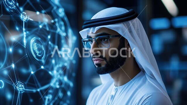 رموز رقمية هولوجرامية لأيقونات الكمبيوتر وشبكات الإنترنت، التطور الالكتروني والنمو التكنولوجي في مجال الذكاء الاصطناعي، صورة مقربة لرجل عربي خليجي اماراتي يرتدي الزي الاماراتي و يقوم بإنجاز الاعمال والمهام، التكنولوجيا الرقمية الحديثة