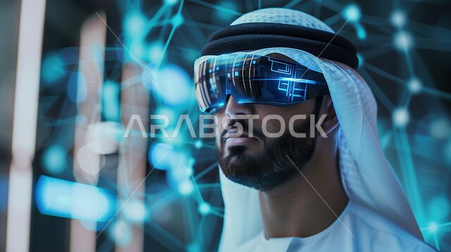 رموز رقمية هولوجرامية لأيقونات الكمبيوتر وشبكات الإنترنت، التطور الالكتروني والنمو التكنولوجي في مجال الذكاء الاصطناعي، صورة مقربة لرجل عربي خليجي اماراتي يرتدي الزي الاماراتي و يقوم بإنجاز الاعمال والمهام، التكنولوجيا الرقمية الحديثة