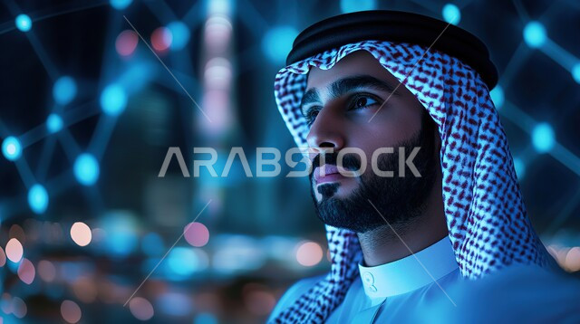 رموز رقمية هولوجرامية لأيقونات الكمبيوتر وشبكات الإنترنت، التطور الالكتروني والنمو التكنولوجي في مجال الذكاء الاصطناعي، صورة مقربة لرجل عربي خليجي اماراتي يرتدي الزي الاماراتي و يقوم بإنجاز الاعمال والمهام، التكنولوجيا الرقمية الحديثة