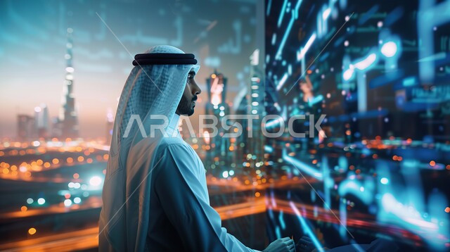 Holographic digital symbols for computer icons and Internet networks, electronic development and technological growth in the field of artificial intelligence, a close-up image of a Saudi Gulf Arab man wearing a Saudi uniform, completing work and tasks, modern digital technology