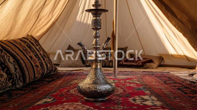 A decorated metal Arab hookah placed on the floor, authentic ancient Arab customs, copper tools with historical engravings and decorations, preserving the legacy of ancestors across generations, Saudi heritage folklore