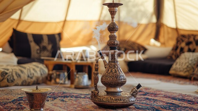  شيشة عربية معدنية مزخرفة موضوعة على الارض, عادات العرب القديمة الأصيلة, أدوات نحاسية بنقوش وزخارف تاريخية, الحفاظ على إرث الأجداد عبر الأجيال, شعبيات تراثية سعودية