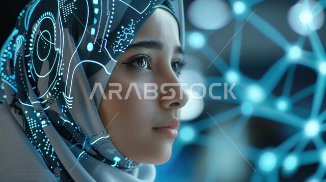 Holographic digital symbols for computer icons and Internet networks, electronic development and technological growth in the field of artificial intelligence, a close-up image of an Arab Gulf Emirati girl wearing the hijab doing work and tasks, modern digital technology