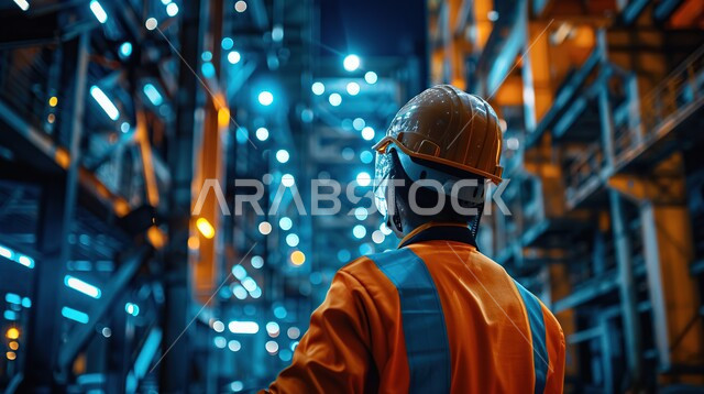 الاشراف والتدقيق في المعامل الصناعية, مهن ووظائف شبابية في المملكة العربية السعودية , تطور ونمو القطاع الهندسي، ، صورة مقربه من الخلف لمهندس  شاب عربي خليجي يرتدي سترة وخوذة الحماية