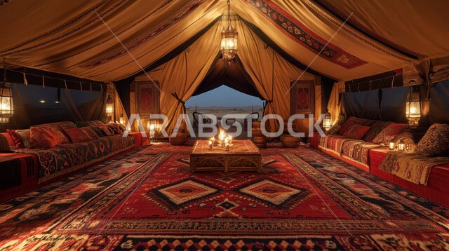 المنسوجات المطرزة المصنوعة بشكل يدوي, المفروشات والوسائد الملونة, الديكور الداخلي للمجالس البدوية التقليدية, الحياة الشعبية في المملكة العربية السعودية, التصميم التراثي السعودي، طاولة الضيافة الخشبية المنخفضة