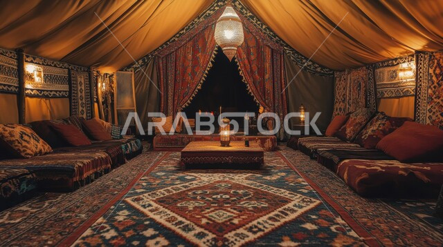 Hand-made embroidered textiles, colorful upholstery and cushions, traditional Bedouin majlis interior decoration, popular life in Saudi Arabia, Saudi heritage design, low wooden hospitality table