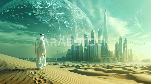Technological development and achieving the industrial revolution, innovation, science and artificial intelligence technology, a picture from the back of an Arab Gulf Emirati man standing in the desert and looking at the towers and skyscrapers, a holographic planet in the sky