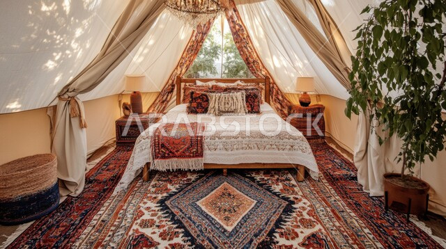 Hand-embroidered textiles, colorful upholstery and pillows, traditional Bedouin bedroom interior design, Saudi Arabian folk life, Saudi heritage design