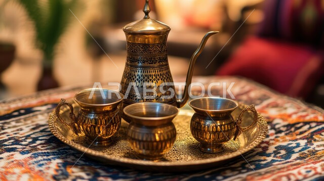 إكرام الضيف وحسن استقباله, التقاليد والعادات الأصيلة المتوارثة من الأجداد، نقوش على دلة نحاسية مع عدة فناجين, البن العربي الخليجي الفاخر, مفهوم الضيافة العربية الأصيلة, تقديم المشروبات الساخنة للزوار, القهوة العربية في الثقافة السعودية