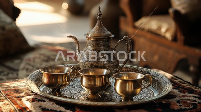 إكرام الضيف وحسن استقباله, التقاليد والعادات الأصيلة المتوارثة من الأجداد، نقوش على دلة نحاسية مع عدة فناجين, البن العربي الخليجي الفاخر, مفهوم الضيافة العربية الأصيلة, تقديم المشروبات الساخنة للزوار, القهوة العربية في الثقافة السعودية