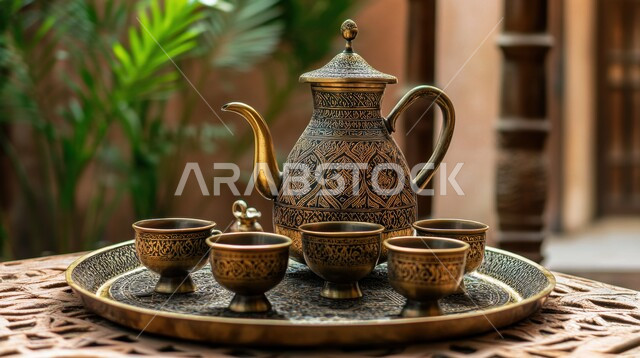 إكرام الضيف وحسن استقباله, التقاليد والعادات الأصيلة المتوارثة من الأجداد، نقوش على دلة نحاسية مع عدة فناجين, البن العربي الخليجي الفاخر, مفهوم الضيافة العربية الأصيلة, تقديم المشروبات الساخنة للزوار, القهوة العربية في الثقافة السعودية