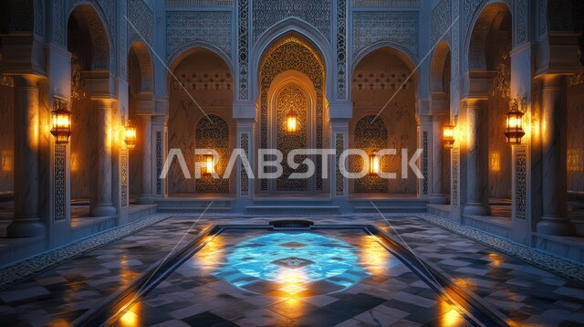 الفن الهندسي المعماري للتصاميم العصرية ،الأعمدة والأقواس المزخرفة على الطراز الإسلامي لأحد المساجد في المملكة العربية السعودية ،أداء الفرائض والصلوات ،أماكن دينية مقدسة