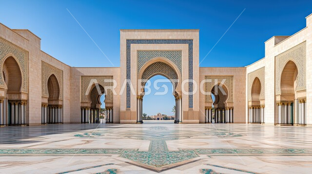 الفن الهندسي المعماري للتصاميم العصرية ،الأعمدة والأقواس المزخرفة على الطراز الإسلامي لأحد المساجد في المملكة العربية السعودية ،أداء الفرائض والصلوات ،أماكن دينية مقدسة