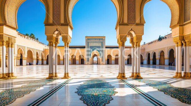 الفن الهندسي المعماري للتصاميم العصرية ،الأعمدة والأقواس المزخرفة على الطراز الإسلامي لأحد المساجد في المملكة العربية السعودية ،أداء الفرائض والصلوات ،أماكن دينية مقدسة