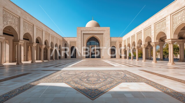 الفن الهندسي المعماري للتصاميم العصرية ،الأعمدة والأقواس المزخرفة على الطراز الإسلامي لأحد المساجد في المملكة العربية السعودية ،أداء الفرائض والصلوات ،أماكن دينية مقدسة