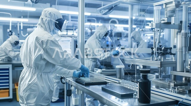 معمل الصناعات الدوائية، مجموعة من المخبريين العرب الخليجيين السعوديين يرتدون الاقنعة الواقية يقومون بإجراء التجارب والبحوث العلمية الحيوية، مختبرات الفحوصات الطبية والتحاليل الكيمائية، استعمال الأنابيب الزجاجية المعقمة لتحليل العينات المختلفة