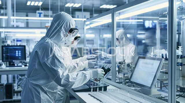 مختبرات الفحوصات الطبية والتحاليل الكيمائية، استعمال الأنابيب الزجاجية المعقمة لتحليل العينات المختلفة، معمل الصناعات الدوائية، مجموعة من المخبريين العرب الخليجيين السعوديين يرتدون الاقنعة الواقية يقومون بإجراء التجارب والبحوث العلمية الحيوية
