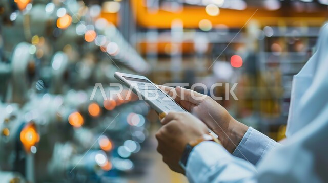 متابعة سير أعمال المصنع بإستخدام جهاز التابلت، وظائف ومهن هندسية سعودية، اعتماد التقنيات والتكنولوجيا الحديثة في الهندسة، تحقيق الثورة الصناعية، صورة مقربة لمهندس عربي سعودي خليجي يحمل بيده التابلت يقوم بمراقبة جودة الانتاج والتصنيع