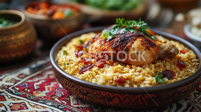 طبق من أرز البرياني وقطع الدجاج المحمرة والمطهية جيداً، أرز الكبسة مع الخضراوات والتوابل, أطباق و ماكولات عربية تقليدية, وصفات الطعام الصحية الشهية, فنون تقديم الأطعمة الشرقية اللذيذة، أنواع متعددة من الصوصات والمقبلات