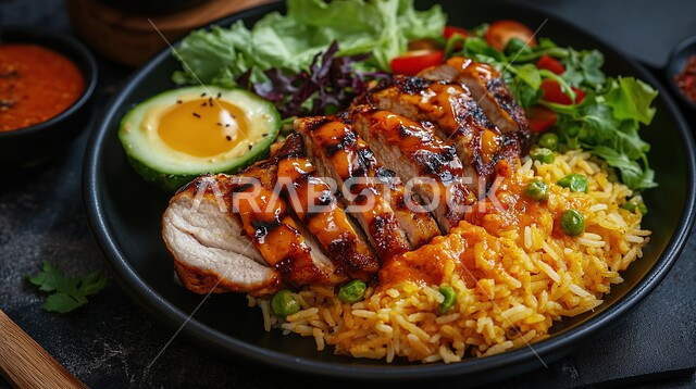 طبق من أرز البرياني وقطع الدجاج المحمرة والمطهية جيداً، أرز الكبسة مع الخضراوات والتوابل, أطباق و ماكولات عربية تقليدية, وصفات الطعام الصحية الشهية, فنون تقديم الأطعمة الشرقية اللذيذة، أنواع متعددة من الصوصات والمقبلات