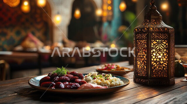 أطباق مليئة بالتمر والفواكه المجففة واللوز الطازجة، تمور ومكسرات صحية لذيذة، ضيافة ومشروبات ساخنة رمضانية شهية، غذاء صحي ومفيد، وجبة غذائية عالية الأهمية، منتجات ومحاصيل زراعية محلية سعودية وطنية