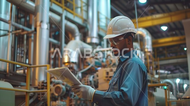  استخدام الأجهزة والتقنيات الحديثة والمتطورة في المجالات الهندسية، مراقبة جودة إنتاج القضبان الحديدية عبر الحاسوب المحمول،مهندس صناعي عربي خليجي سعودي في مصنع الحديد يرتدي ستره وخوذة الحماية الخاصة بالعمل، مفهوم الهندسة و الصناعة