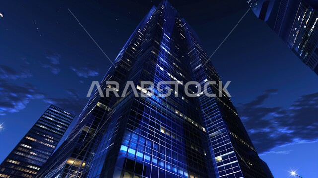 The concept of developing and improving infrastructure, an imaginative view of urban progress and growth, building an advanced civilized future in the city of Dubai, modern illuminated commercial buildings and facilities, architectural designs and arts for towers and skyscrapers in the United Arab Emirates.