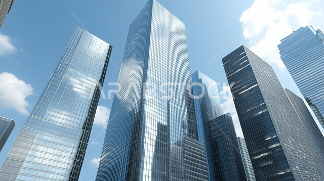 The concept of developing and improving infrastructure, an imaginative view of urban progress and growth, building an advanced civilized future in the city of Dubai, modern illuminated commercial buildings and facilities, architectural designs and arts for towers and skyscrapers in the United Arab Emirates.