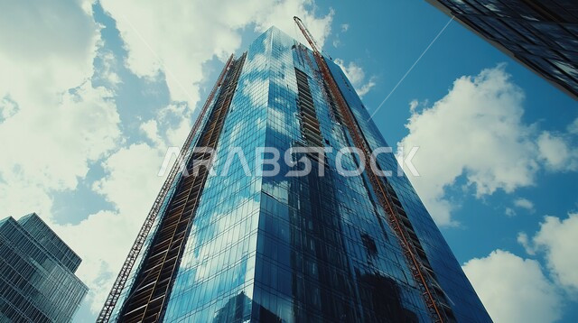 بناء مستقبل حضاري متطور في مدينة دبي، مفهوم تطوير وتحسين البنية التحتية، منظر تخيلي للتقدم والنمو العمراني، المباني والمنشآت التجارية الحديثة المضيئة، التصاميم والفنون المعمارية للأبراج وناطحات السحاب في الامارات العربية المتحدة