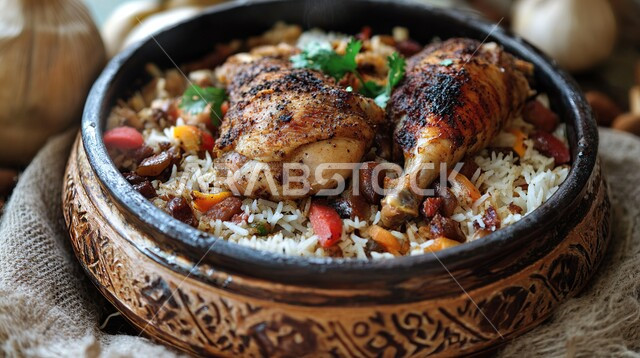 فنون تقديم الطعام في المطاعم الشرقية، طبق من أرز البرياني مع الدجاج المشوي، وصفات الطعام الصحية الشهية، صحن من رز الكبسة، مأكولات وأطباق عربية تقليدية